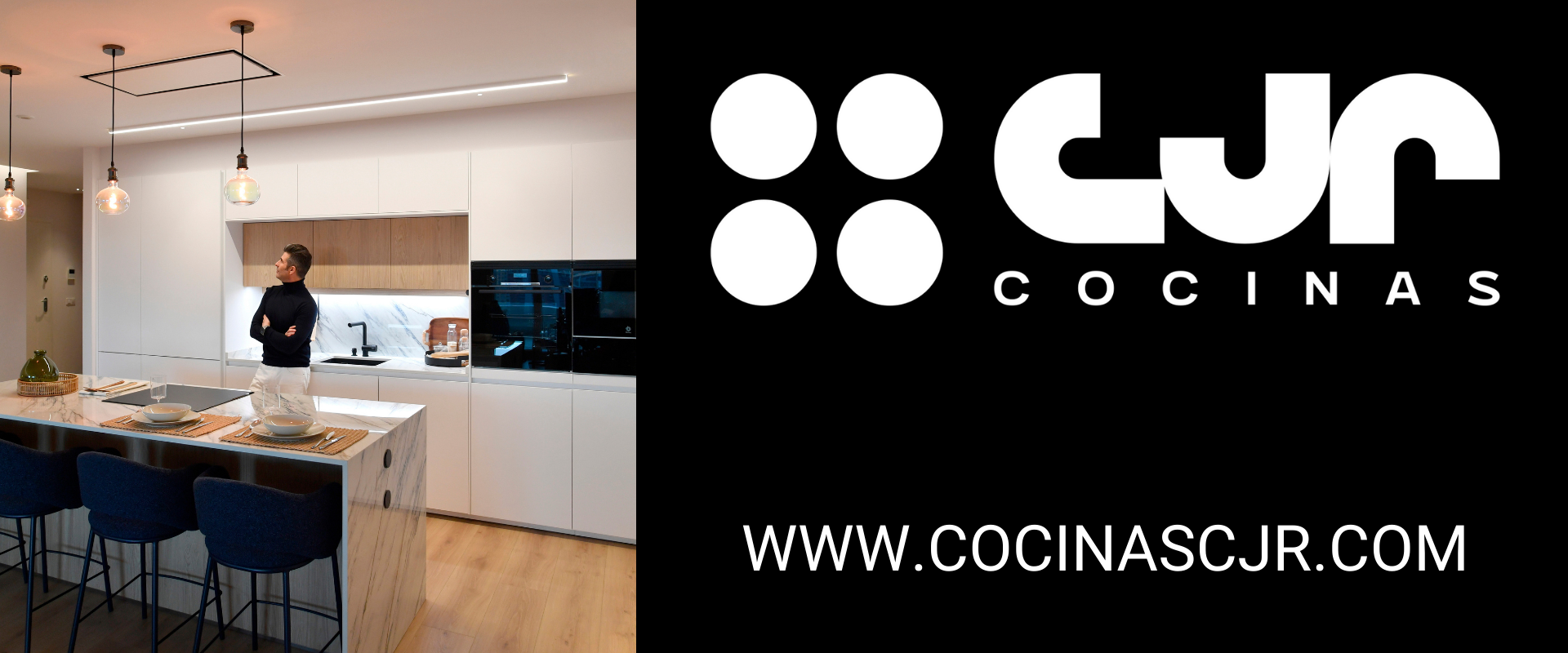 cocina blanca y madera con isla abierta al salón cocinas cjr